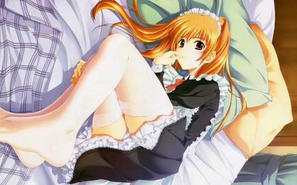 Anime picture 1920x1200 with single long hair looking at viewer highres light erotic wide image brown eyes orange hair maid finger to mouth girl thighhighs underwear panties headdress pillow maid headdress bed garter straps