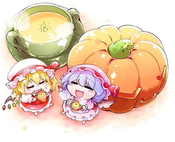 Anime picture 1097x891 with touhou flandre scarlet remilia scarlet kashuu (b-q) blush short hair open mouth blonde hair smile multiple girls holding blue hair full body eyes closed :d barefoot side ponytail halloween chibi ^ ^