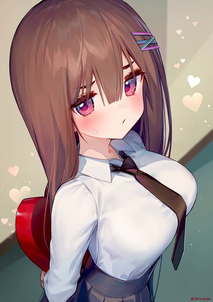 Anime-Bild 1200x1694 mit original ainy single long hair tall image looking at viewer blush breasts brown hair large breasts holding signed indoors long sleeves pink eyes from above twitter username looking up sweatdrop hands behind back