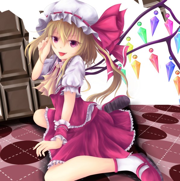 Anime picture 2464x2480 with touhou flandre scarlet taketiyi (artist) single tall image looking at viewer highres short hair open mouth blonde hair red eyes teeth fang (fangs) :p girl skirt food sweets bonnet skirt set