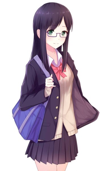 Anime picture 748x1200 with original itachi kanade single long hair tall image looking at viewer blue eyes black hair simple background white background girl skirt uniform school uniform glasses school bag