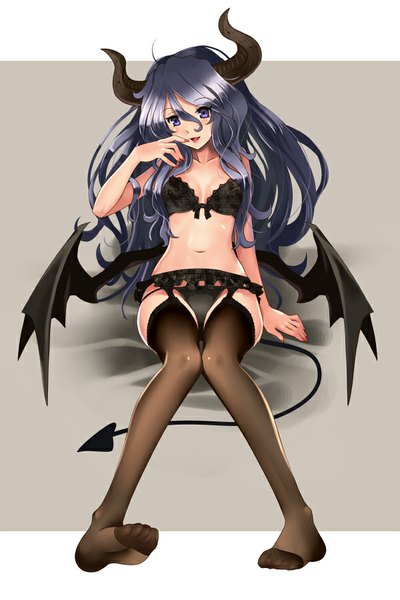 Anime picture 600x900 with original katahira masashi single long hair tall image breasts light erotic black hair simple background sitting bare shoulders tail horn (horns) black eyes bare belly no shoes demon girl demon tail demon wings girl