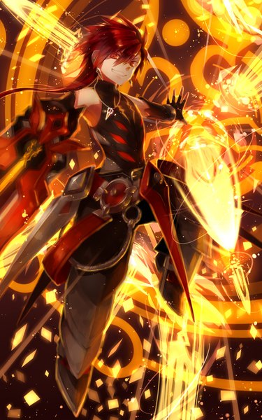 Anime picture 1280x2048 with elsword elsword (character) malmaron single long hair tall image looking at viewer smile red eyes red hair blurry piercing magic glowing boy gloves weapon sword armor jewelry