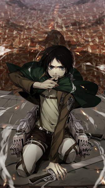 Anime picture 560x1000 with shingeki no kyojin production i.g eren yaeger bertolt hoover colossal titan wonoco0916 tall image looking at viewer short hair blue eyes black hair shadow smoke squat scenic clenched teeth village boy uniform weapon