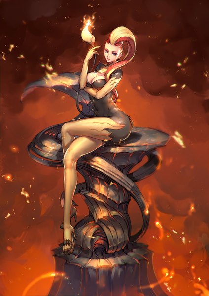 Anime picture 1131x1600 with pokemon moemon pokemon xy nintendo pyroar ryushin single tall image blue eyes light erotic sitting looking away cleavage tail multicolored hair two-tone hair high heels crossed legs girl gloves