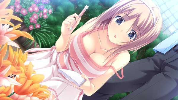 Anime picture 1280x720 with anata no koto o suki to iwasete konoha nao short hair open mouth blue eyes light erotic blonde hair wide image bare shoulders game cg dutch angle strap slip girl flower (flowers) hairband pen