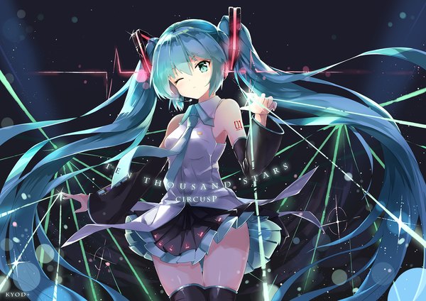 Anime picture 2039x1442 with vocaloid hatsune miku asahi kuroi single looking at viewer blush fringe highres hair between eyes standing twintails bare shoulders signed payot very long hair head tilt pleated skirt one eye closed arm up aqua eyes