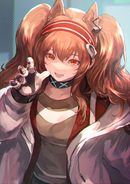 Anime picture 2894x4093 with arknights angelina (arknights) shirataki jiro single long hair tall image looking at viewer fringe highres open mouth hair between eyes brown hair twintails animal ears :d open jacket orange eyes shaded face girl gloves