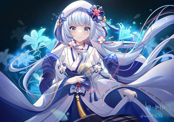 Anime picture 1800x1260 with genshin impact kamisato ayaka miaogujun single looking at viewer blush fringe highres blue eyes smile standing signed silver hair very long hair nail polish traditional clothes japanese clothes fingernails wide sleeves dated