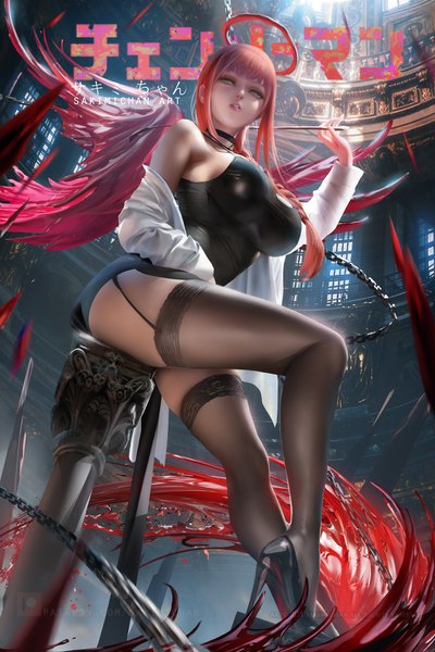 Anime picture 2333x3500 with chainsaw man mappa makima (chainsaw man) sakimichan single long hair tall image looking at viewer fringe highres breasts light erotic large breasts sitting holding signed yellow eyes bent knee (knees) red hair indoors