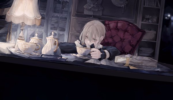Anime picture 2048x1188 with original yukito shii single looking at viewer fringe highres short hair blonde hair hair between eyes wide image holding indoors grey eyes dutch angle tea set boy hat animal frills book (books)