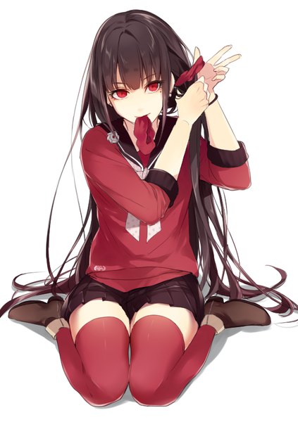 Anime picture 600x850 with dangan ronpa new danganronpa v3 harukawa maki hanbee single long hair tall image looking at viewer red eyes brown hair white background sitting holding head tilt pleated skirt arms up zettai ryouiki mouth hold adjusting hair wariza