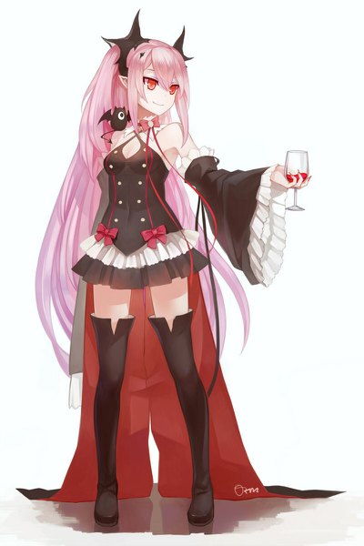 Anime picture 800x1200 with owari no seraph wit studio kururu tepes arukanu orm (user mufz8783) single long hair tall image blush fringe simple background hair between eyes red eyes white background bare shoulders signed payot looking away pink hair full body