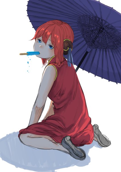 Anime picture 2480x3508 with gintama sunrise (studio) kagura (gintama) ikoan single tall image looking at viewer fringe highres short hair blue eyes simple background hair between eyes white background sitting holding full body bent knee (knees) red hair head tilt
