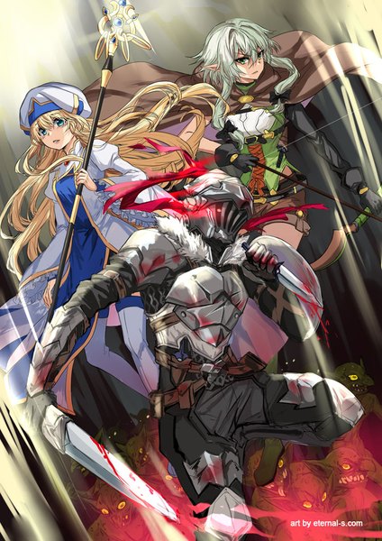 Anime picture 723x1023 with goblin slayer! white fox high elf archer (goblin slayer!) goblin slayer priestess (goblin slayer!) ten-chan (eternal-s) long hair tall image looking at viewer fringe short hair blue eyes blonde hair hair between eyes standing multiple girls holding green eyes signed payot