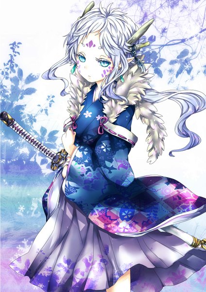 Anime picture 2480x3507 with original houzuki ringo single long hair tall image highres blue eyes payot looking away silver hair ahoge traditional clothes japanese clothes horn (horns) wind pointy ears wide sleeves fur trim facial mark floral print