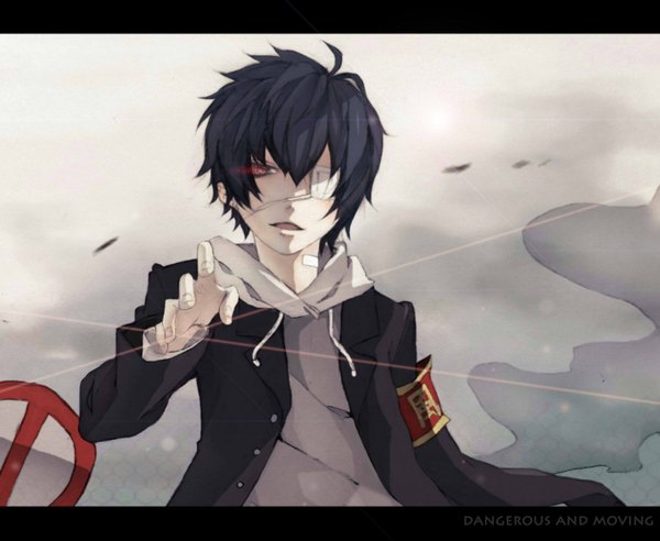 Anime picture 1500x1231 with katekyou hitman reborn hibari kyouya torinmo single looking at viewer short hair open mouth red eyes blue hair sky ahoge inscription open clothes open jacket glowing letterboxed glowing eye (eyes) boy hood eyepatch