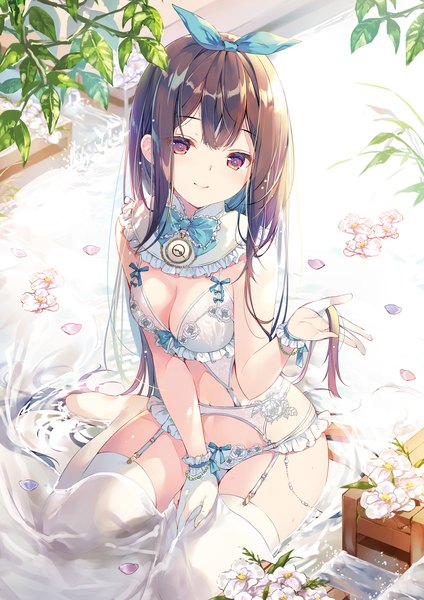 Anime picture 1357x1920 with original miwabe sakura single long hair tall image looking at viewer blush fringe breasts light erotic smile red eyes brown hair sitting payot cleavage scan underwear only partially submerged floral print