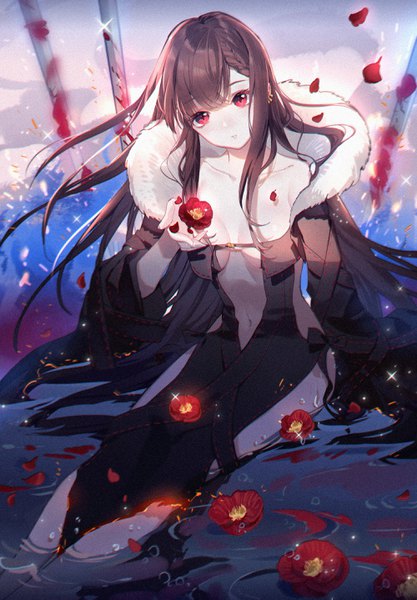 Anime picture 2000x2879 with fate (series) fate/grand order yu mei-ren (fate) yuzhi single long hair tall image looking at viewer blush highres breasts light erotic red eyes brown hair sitting payot braid (braids) parted lips head tilt arm support