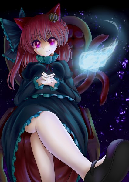 Anime picture 1000x1411 with touhou kaenbyou rin topia single long hair tall image purple eyes animal ears red hair cat ears cat girl cat tail dark background ghost girl dress bow hair bow crown