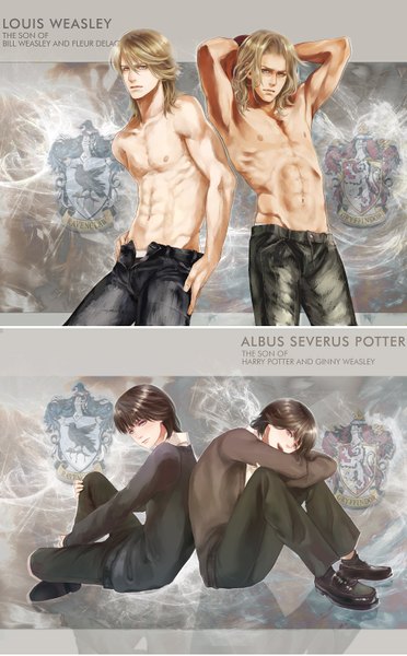 Anime picture 1000x1610 with harry potter albus severus potter louis weasley flayu (artist) long hair tall image looking at viewer short hair blue eyes simple background blonde hair brown hair standing sitting green eyes grey background multiple boys multiview open pants boy