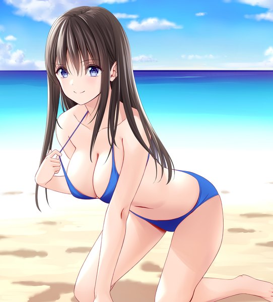 Anime picture 2597x2877 with original marui koishi single long hair tall image highres breasts blue eyes light erotic smile brown hair large breasts looking away sky cloud (clouds) outdoors beach horizon on all fours bikini pull