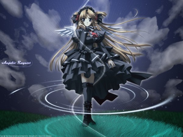 Anime picture 1280x960 with monochrome (game) yun (monochrome) suzuhira hiro single long hair blue eyes blonde hair sky cloud (clouds) wind night wallpaper zettai ryouiki angel wings lolita fashion goth-loli thighhighs dress black thighhighs wings