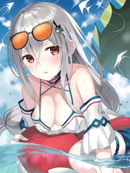 Anime picture 3072x4096 with arknights skadi (arknights) skadi (waverider) (arknights) zukan (db tyoutyo) single long hair tall image blush fringe highres breasts light erotic hair between eyes red eyes large breasts absurdres silver hair official alternate costume low ponytail sunglasses on head