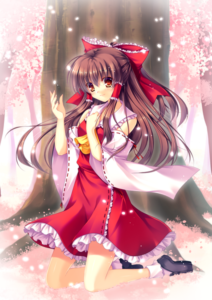 Anime picture 1060x1500 with touhou hakurei reimu futaori arisa long hair tall image red eyes brown hair kneeling cherry blossoms miko girl bow hair bow detached sleeves petals
