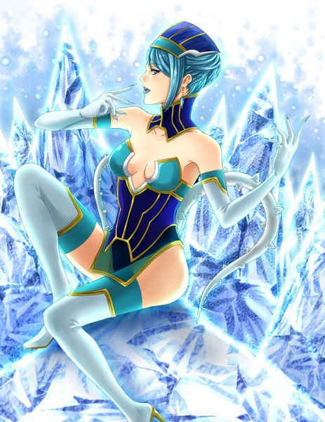 Anime picture 1500x1944 with tiger & bunny sunrise (studio) karina lyle blue rose (tiger & bunny) rurunana (artist) single tall image short hair blue eyes light erotic blue hair tail profile girl gloves earrings elbow gloves thigh boots ice