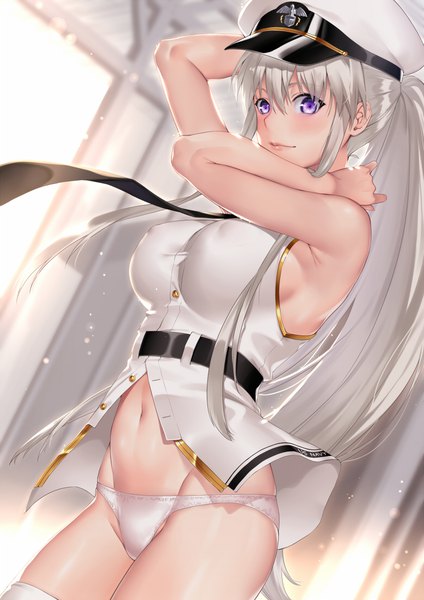 Anime picture 777x1100 with azur lane enterprise (azur lane) deras single long hair tall image looking at viewer blush fringe breasts light erotic hair between eyes large breasts standing purple eyes payot silver hair ponytail lips blurry