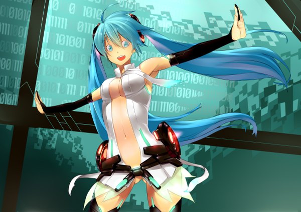 Anime picture 2480x1753 with vocaloid vocaloid append hatsune miku hatsune miku (append) highres blue eyes light erotic twintails blue hair very long hair girl detached sleeves