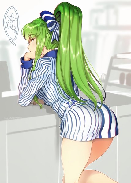 Anime picture 650x910 with code geass sunrise (studio) lawson c.c. creayus single long hair tall image fringe light erotic yellow eyes looking away bent knee (knees) ass ponytail indoors long sleeves green hair from behind blurry