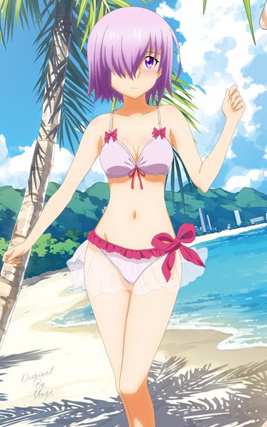 Anime picture 1253x2000 with fate (series) fate/grand order mash kyrielight shugo19 single tall image looking at viewer fringe short hair breasts light erotic standing purple eyes signed pink hair sky cloud (clouds) outdoors light smile sunlight