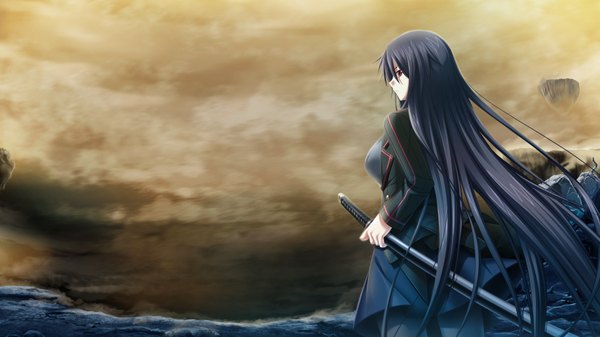 Anime picture 1024x576 with soukoku no arterial long hair black hair red eyes wide image game cg girl uniform weapon school uniform sword katana