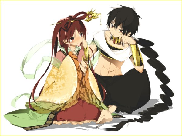 Anime picture 800x600 with magi the labyrinth of magic a-1 pictures judal ren kougyoku ciel arc (artist) long hair black hair red eyes sitting red hair braid (braids) long sleeves traditional clothes barefoot black eyes wide sleeves bare belly tears single braid muscle