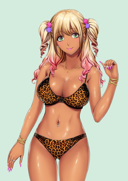 Anime picture 1368x1929 with original sakagami umi single long hair tall image looking at viewer fringe breasts light erotic blonde hair simple background large breasts green eyes nail polish fingernails light smile two side up underwear only lipstick shiny skin