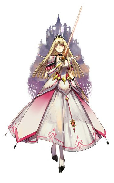 Anime picture 700x1116 with original nanjou (sumeragimishiro) single long hair tall image looking at viewer simple background blonde hair red eyes white background girl dress weapon earrings sword crown castle