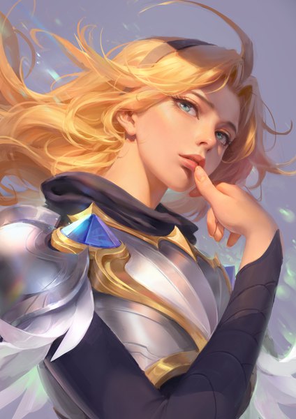 Anime picture 6480x9166 with league of legends lux (league of legends) flute (artist) single long hair tall image looking at viewer fringe highres blue eyes blonde hair absurdres upper body ahoge fingernails wind lips realistic eyebrows hand to mouth