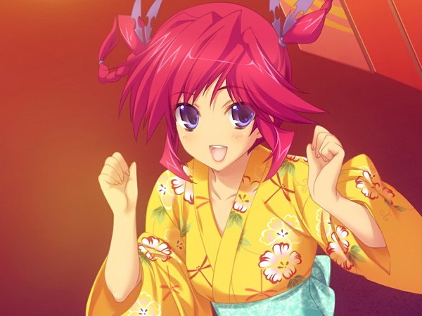 イラスト 1024x768 と shiden enkan no kizuna (game) 青い目 game cg 赤髪 和服 女の子 着物