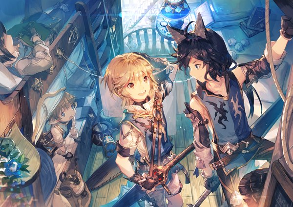 Anime picture 1485x1050 with granblue fantasy arthur (granblue fantasy) cruz (granblue fantasy) mordred (granblue fantasy) tornelio (granblue fantasy) scorpion5050 fringe short hair open mouth blue eyes black hair blonde hair smile hair between eyes red eyes brown hair brown eyes animal ears ahoge lying