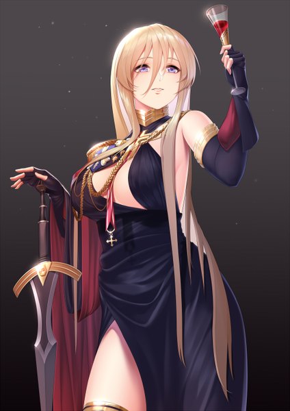 Anime picture 992x1403 with azur lane bismarck (azur lane) bismarck (beacon of the iron blood) (azur lane) gt-apex single long hair tall image blush fringe breasts light erotic simple background blonde hair hair between eyes large breasts standing purple eyes holding cleavage parted lips