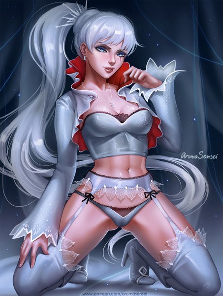 Anime picture 1210x1600 with rwby rooster teeth weiss schnee aroma sensei single tall image looking at viewer fringe breasts blue eyes light erotic signed cleavage silver hair full body ponytail very long hair parted lips kneeling ass visible through thighs