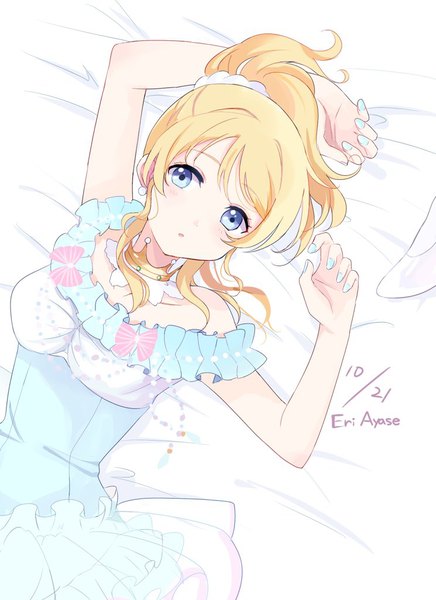 イラスト 744x1024 と ラブライブ! サンライズ love live! 絢瀬絵里 mei (maysroom) ソロ 長髪 長身像 カメラ目線 青い目 金髪 ポニーテール nail polish :o character names dated 青ネイルカラー 女の子 ドレス 耳飾り