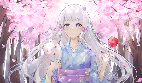 Anime picture 2814x1650 with genshin impact kamisato ayaka kkk dami single long hair looking at viewer blush fringe highres blue eyes smile wide image holding payot silver hair upper body outdoors blunt bangs traditional clothes japanese clothes
