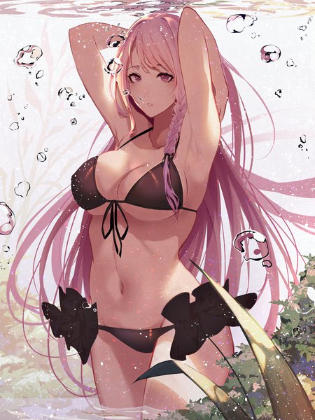 Anime picture 1500x2000 with original kisui single long hair tall image looking at viewer blush fringe breasts light erotic large breasts standing pink hair cleavage braid (braids) parted lips pink eyes arms up armpit (armpits) underboob