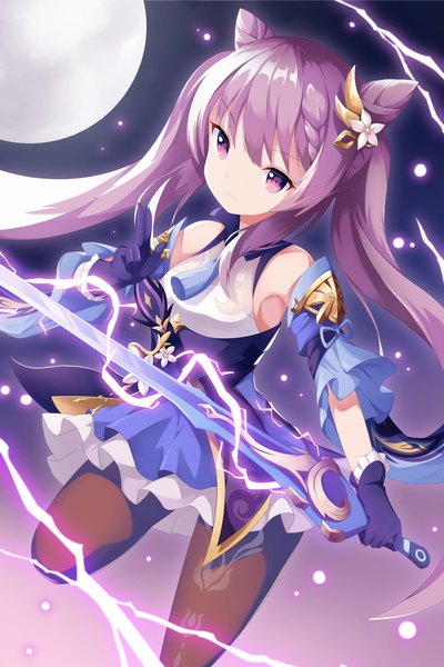 Anime picture 1000x1500 with genshin impact keqing (genshin impact) yasuharasora single long hair tall image standing purple eyes twintails looking away purple hair hair bun (hair buns) standing on one leg electricity girl gloves weapon detached sleeves pantyhose sword