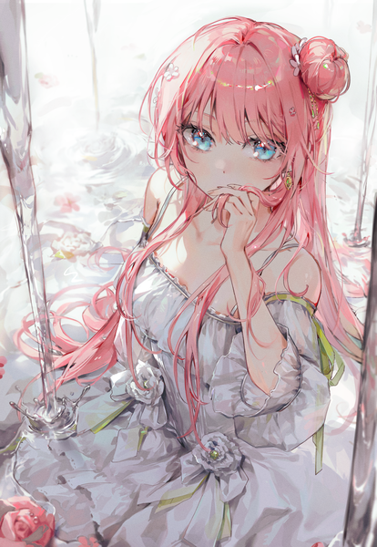Anime picture 1906x2760 with original kellymonica02 single long hair tall image looking at viewer fringe highres blue eyes sitting bare shoulders pink hair blunt bangs arm up hair flower from above hair bun (hair buns) partially submerged holding hair waterfall