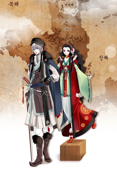 Anime picture 1100x1644 with twelve nights muryui long hair tall image looking at viewer short hair black hair green eyes traditional clothes light smile grey hair girl boy weapon sword boots katana cap cane map