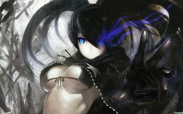 Anime picture 1920x1200 with black rock shooter black rock shooter (character) yoshiku (oden-usagi) single long hair looking at viewer highres breasts blue eyes light erotic black hair wide image twintails glowing glowing eye (eyes) front-tie top foreshortening girl gloves star (symbol)